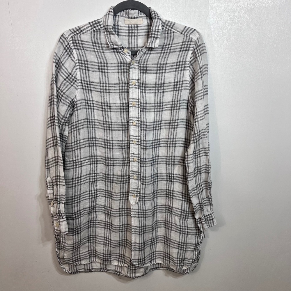 CP Shades Women's XS 100% Linen Black White Plaid Tunic Lagenlook Button Shirt